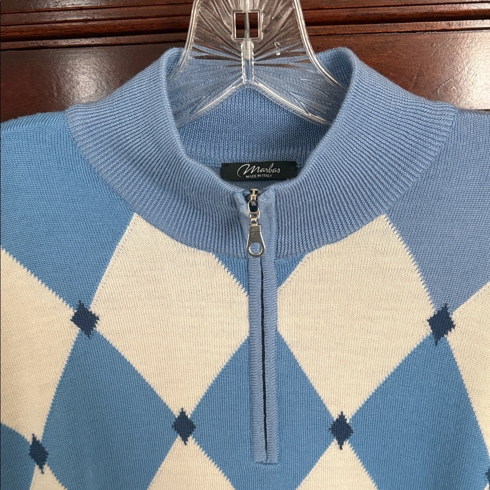 Marbas Blue and Cream Argyle Men's Golf Sweater - Picture 2 of 9